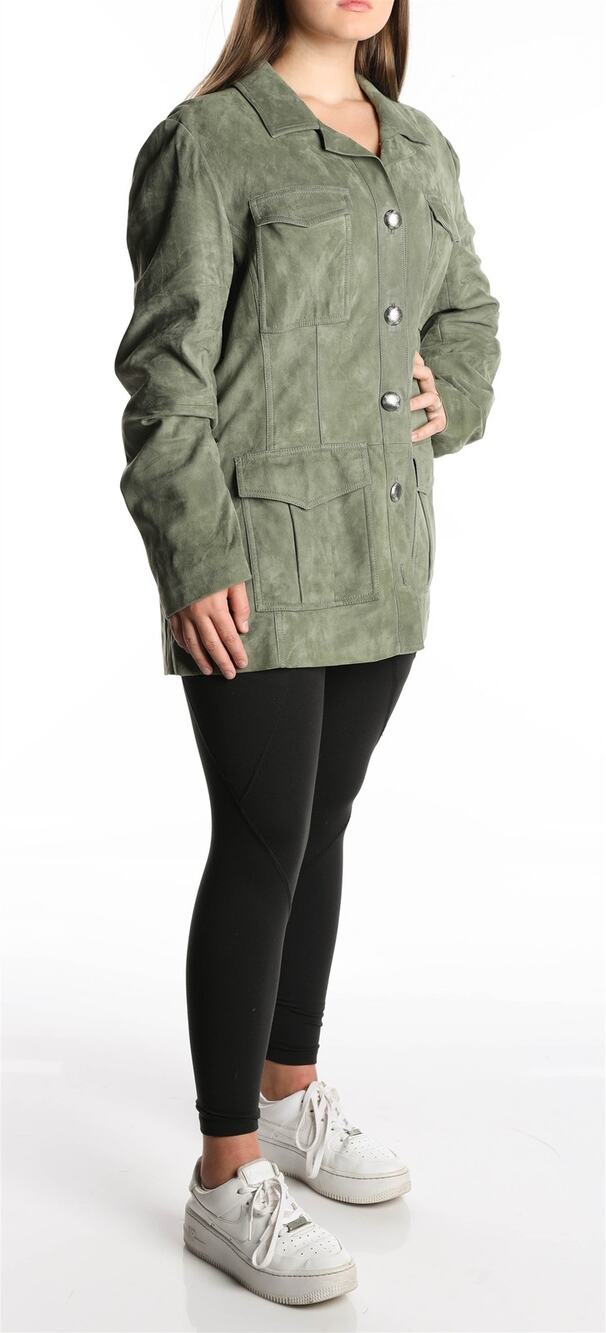 ST.JOHN  Womens Suede Leather Jacket Button Front Green Size Large